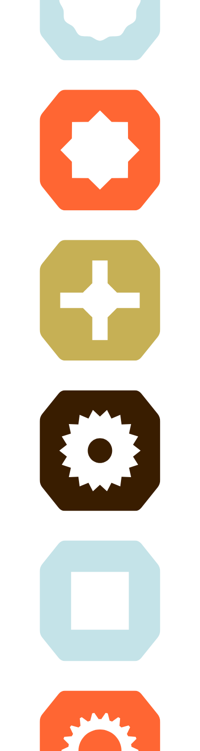 Five colorful industrial icons stacked vertically, including light blue, orange, yellow, brown, and light blue colors.