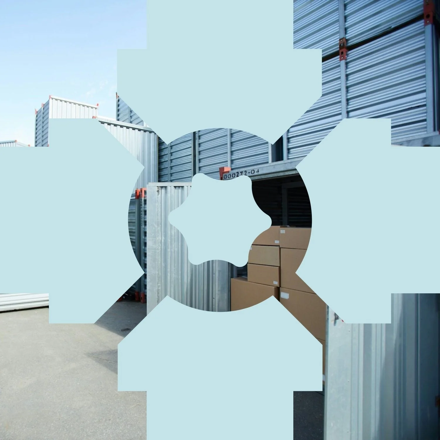 A storage facility with metal shelves and cardboard boxes, partially obscured by a star-shaped overlay.