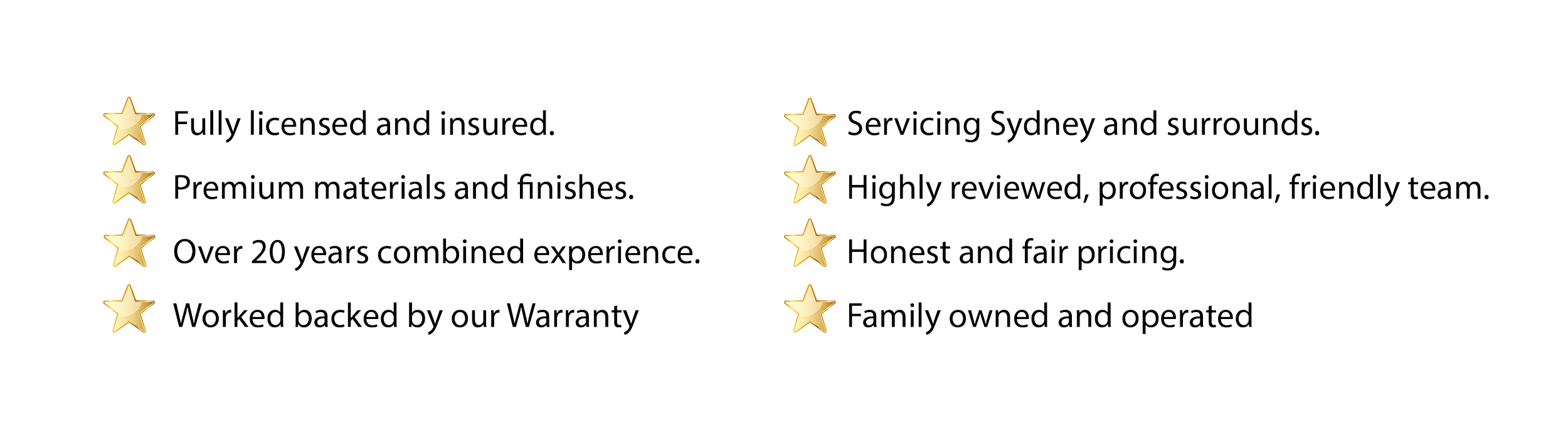 List of business qualities with gold star icons, including licensed, premium materials, experience, servicing Sydney, reviewed team, honest pricing, family owned.