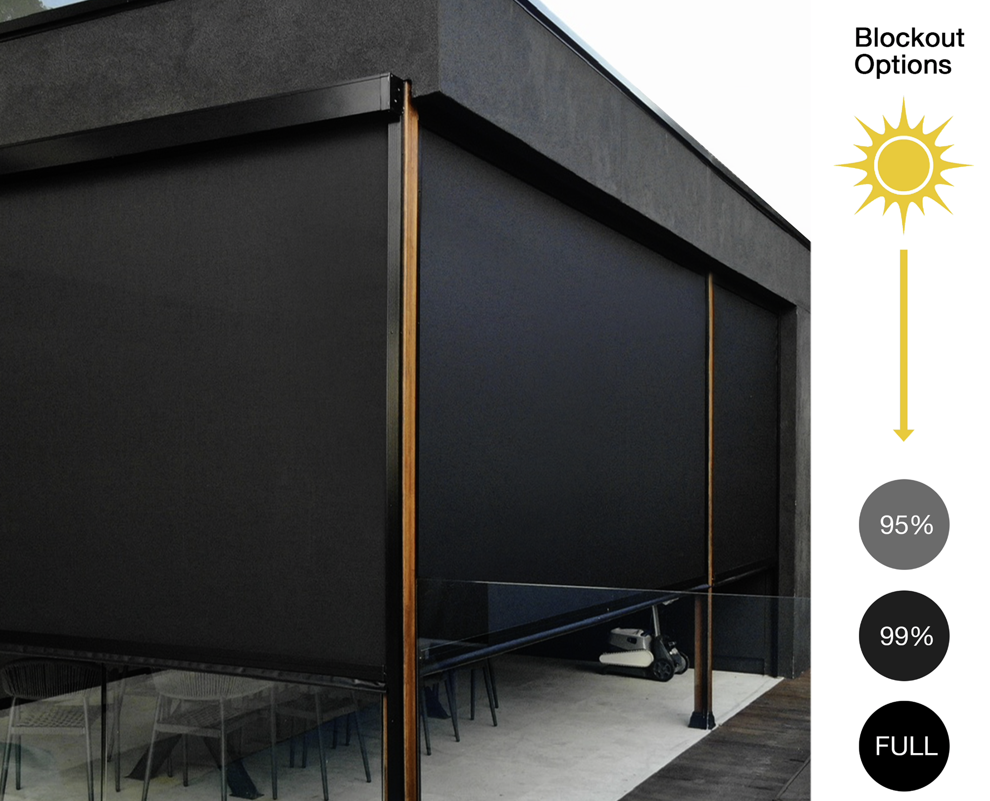 Image of a modern building corner with black walls, wooden trim, and a glass railing. The right side has a graphic for blackout options with sun icon and percentage options labeled 95%, 99%, and full.