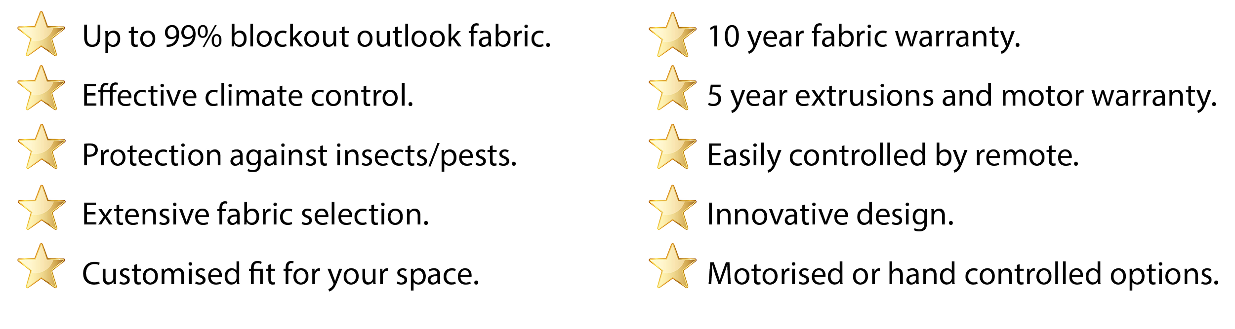 List of features with gold star icons, including waterproof fabric, climate control, insect protection, fabric selection, custom fit, warranty, remote control, innovative design, and control options.