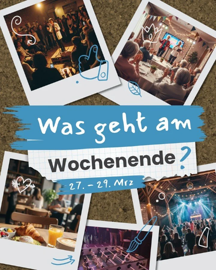 KEIN PLAN F&Uuml;RS WOCHENENDE? WIR SCHON!

🚀 Wir haben f&uuml;r euch die Stadt und das Umland gescannt und die absoluten Highlights f&uuml;r die n&auml;chsten Tage in dieses Karussell gepackt.

Egal, ob ihr Bock auf lokale Kultur habt, mit euren Bu