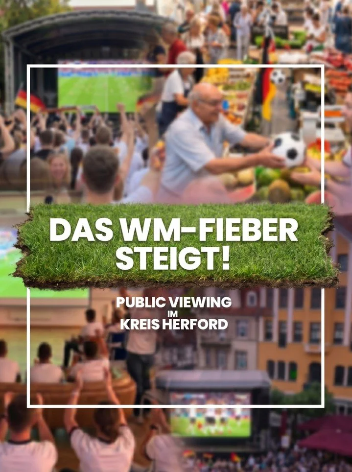 Public Viewing zur WM 2026 im Kreis Herford ⚽️

Hier k&ouml;nnt ihr die Spiele gemeinsam schauen:

1. Rathausplatz B&uuml;nde
Die drei deutschen Vorrundenspiele, ca. 500 Pl&auml;tze.
2. Petrikirche Herford
Auftaktspiel gegen Cura&ccedil;ao am 14. Jun