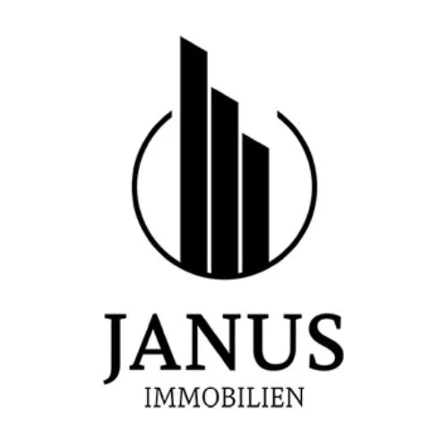Grafik mit drei vertikalen Säulen in einem Kreis, darunter der Text 'JANUS IMMOBILIEN'.