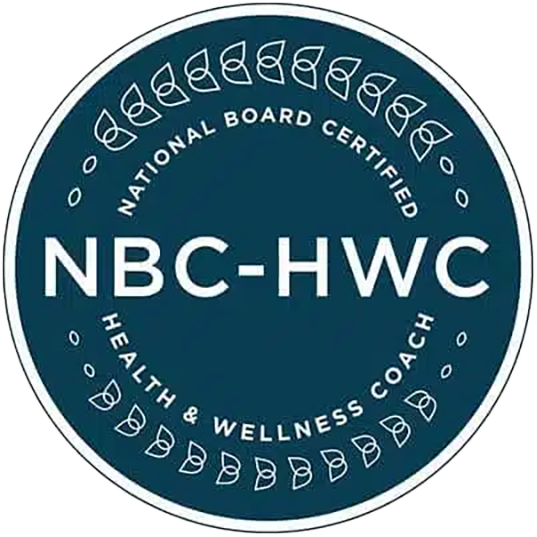 Circular logo with the text "NBC-HWC" at the center, surrounded by "National Board Certified" on top and "Health & Wellness Coach" at the bottom, with decorative leaf elements around the border.