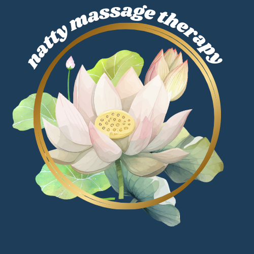 Logo of Naty Massage Therapy featuring a lotus flower with green leaves and pink buds, encased in a golden ring with the text "naty massage therapy" above.