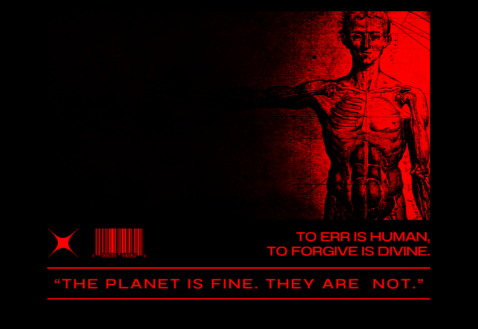 A stylized red and black illustration of a human anatomy drawing with a quote 'To err is human, to forgive is divine' and a barcode with a red star-like symbol.