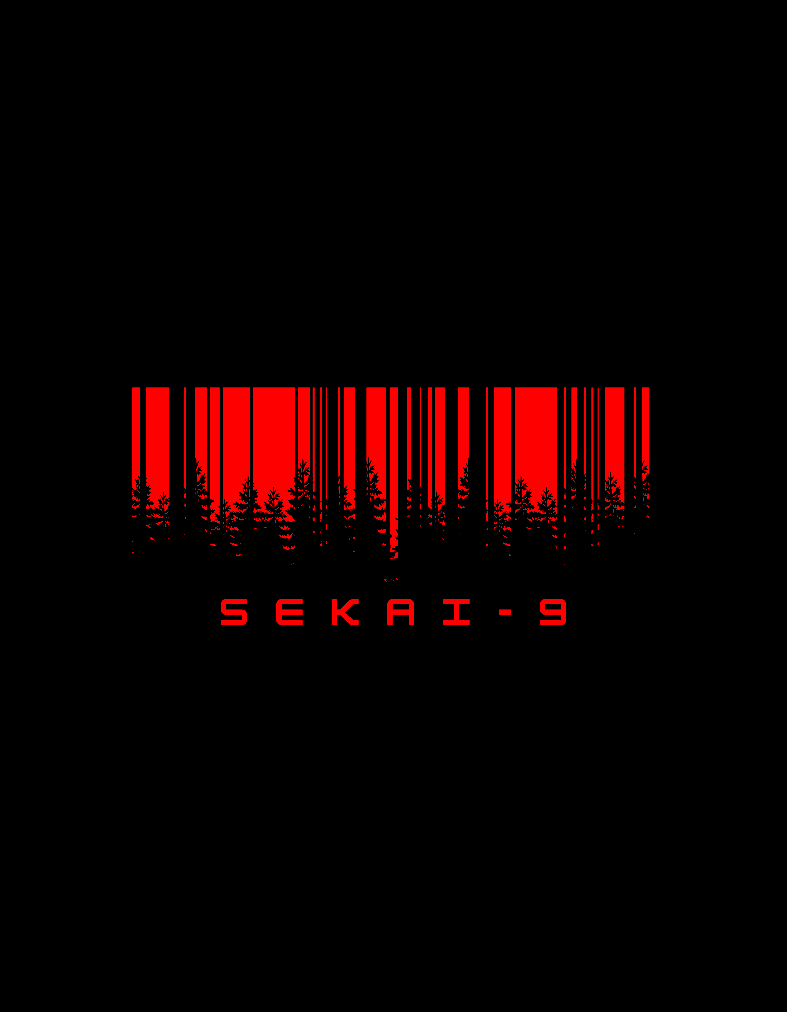 Stylized forest silhouette with red bar code lines and the text 'SEKAI-9' in red at the bottom.