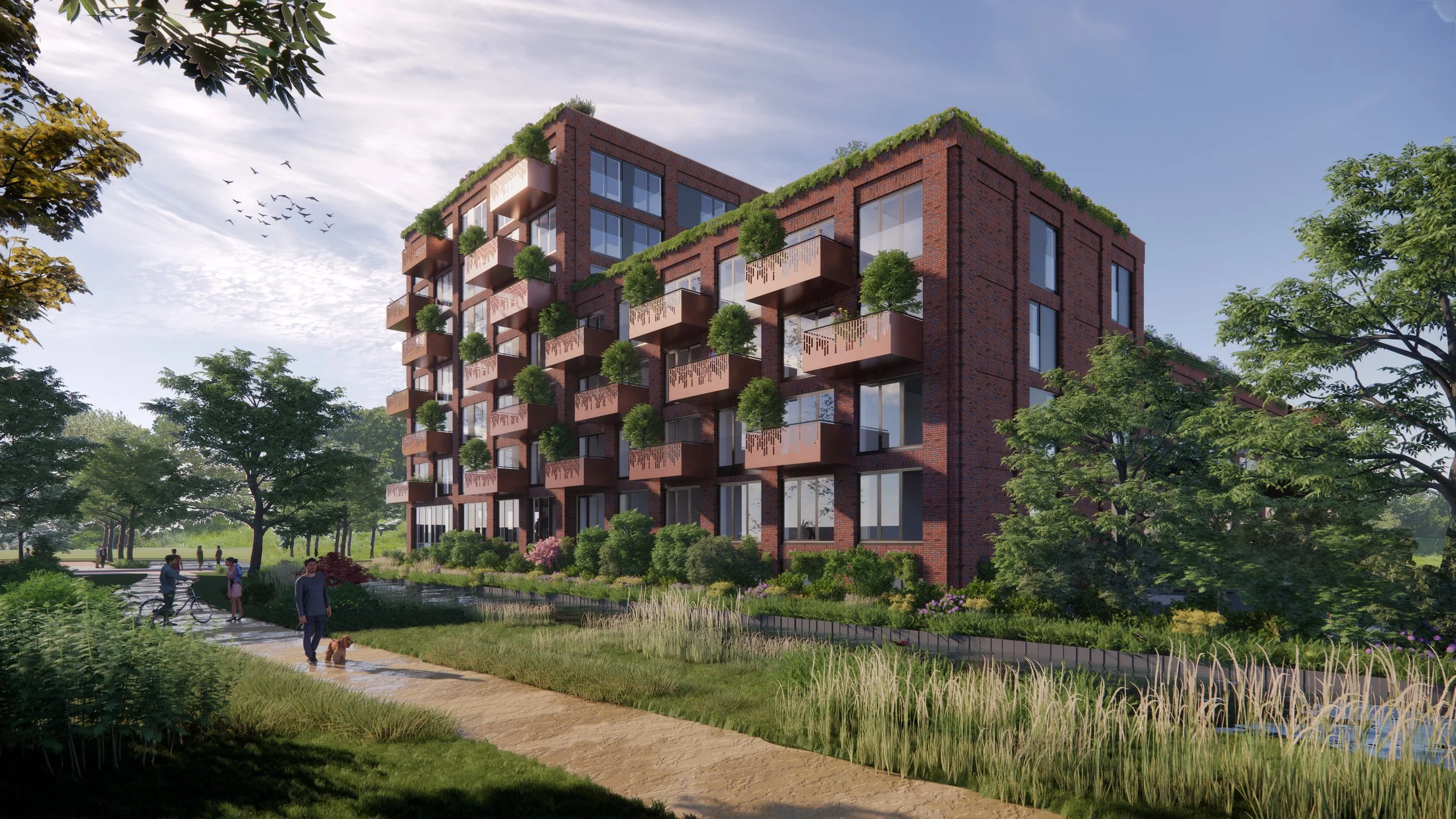 Appartementengebouw in groene omgeving met groen op balkons