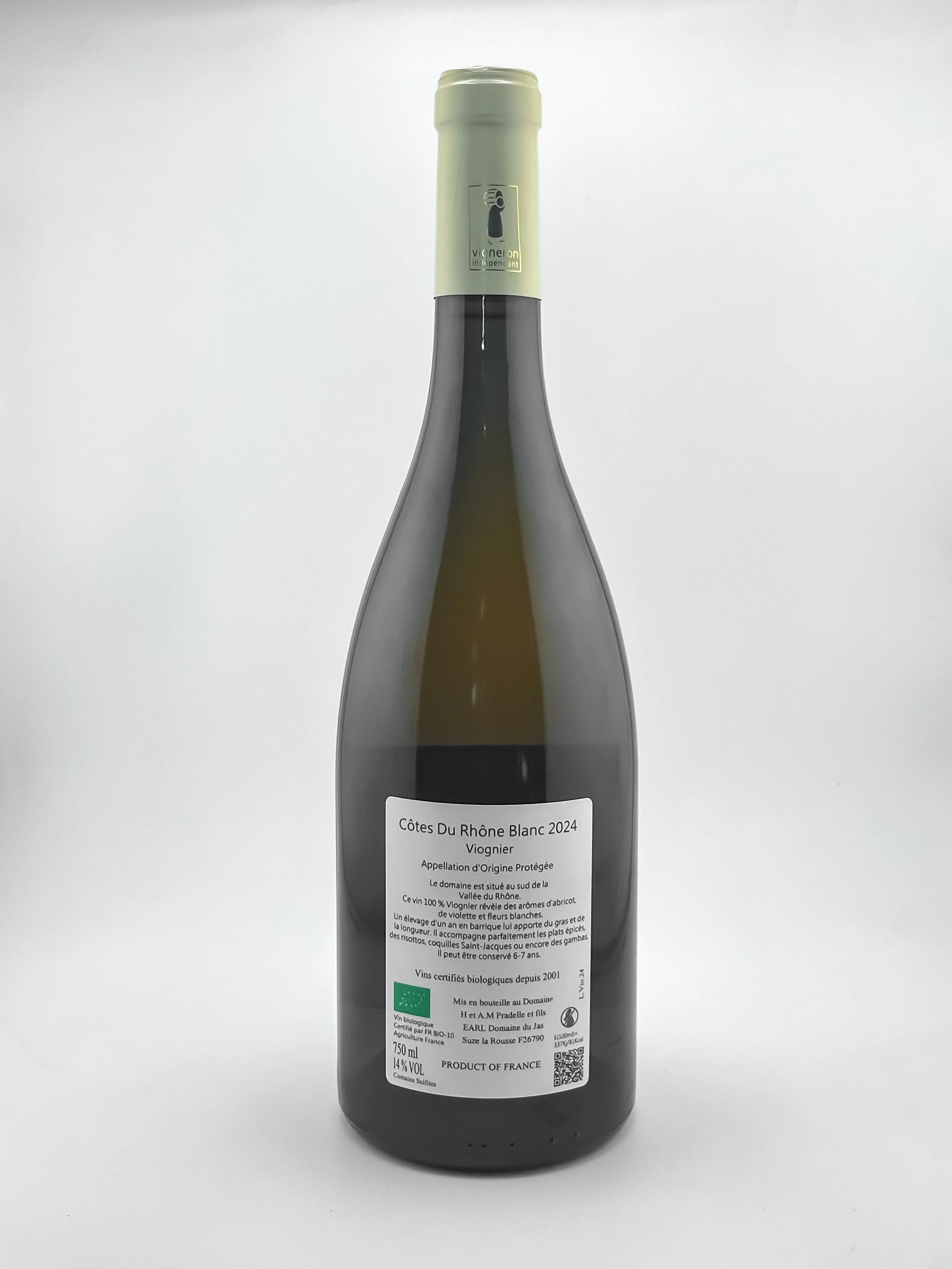 Bouteille de vin blanc des Côtes du Rhône, millésime 2024, de la variété Viognier, avec une étiquette en français indiquant ses caractéristiques et sa provenance.