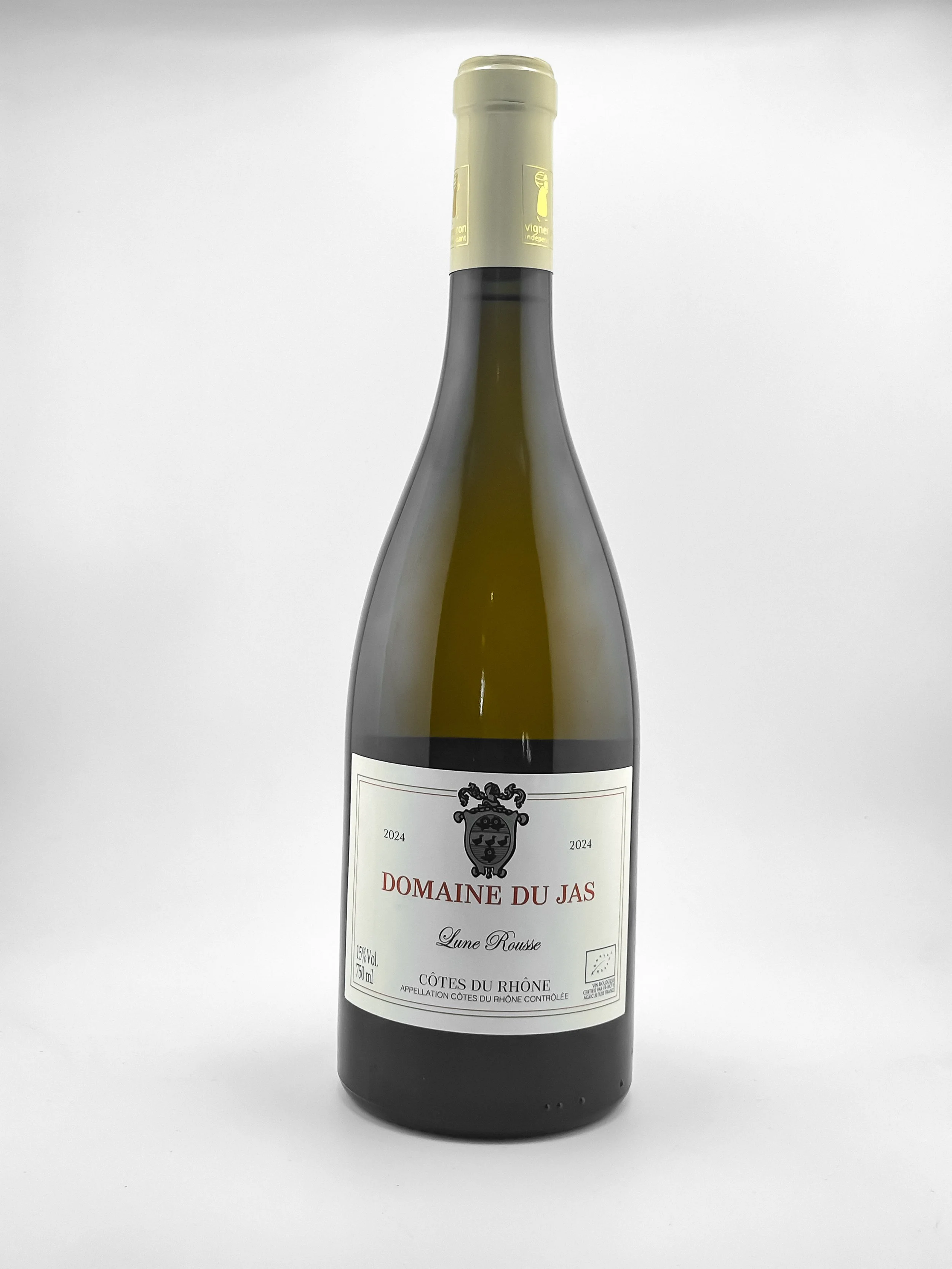 Bouteille de vin blanc Domaine du Jas, Côtes du Rhône, millésime 2024, avec étiquette blanche et bouchon or, placée contre un fond blanc