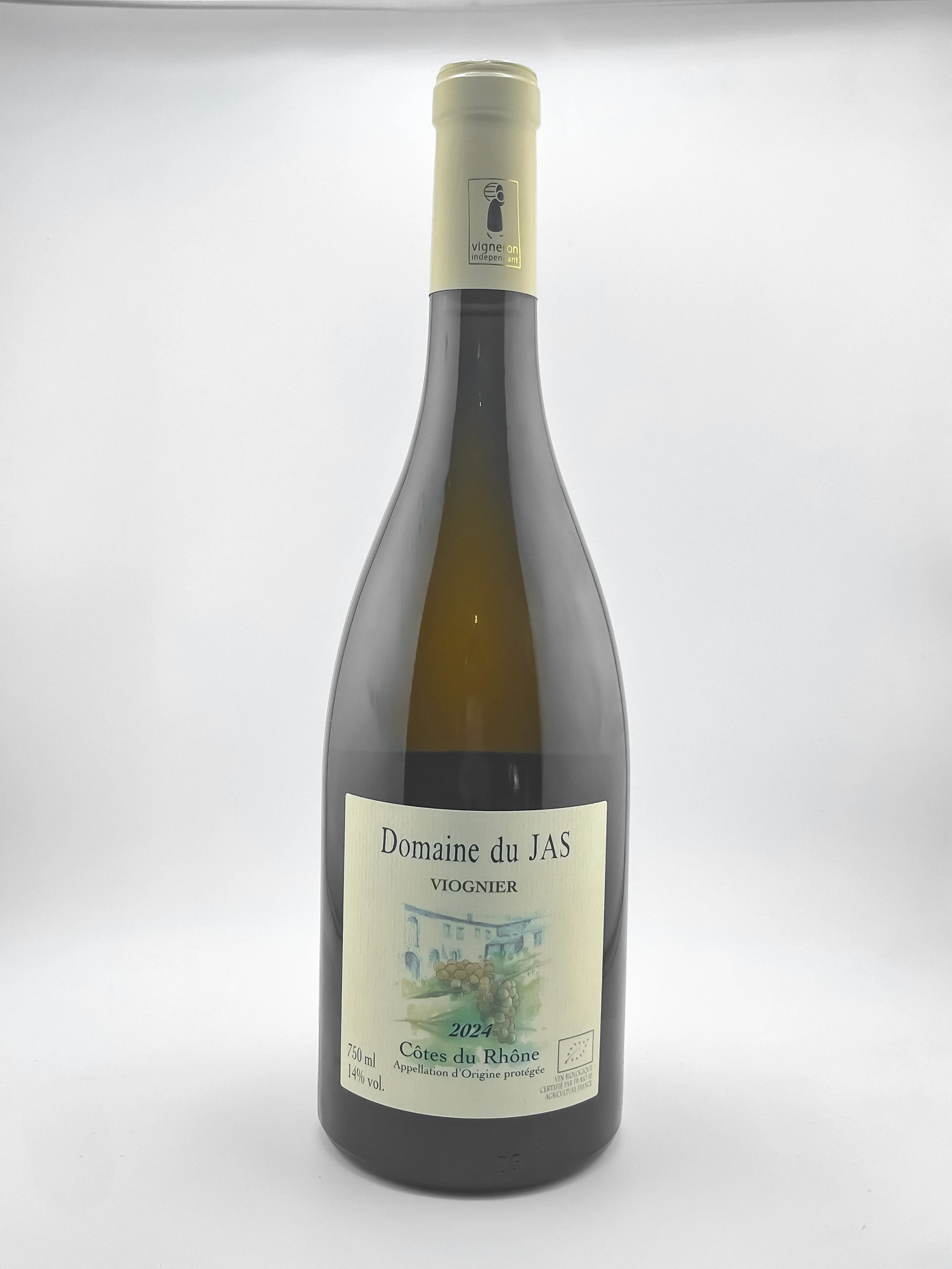 Une bouteille de vin Domaine du JAS Viognier 2024, Côte du Rhône, avec une étiquette illustrant une maison et des vignes, sur un fond blanc.