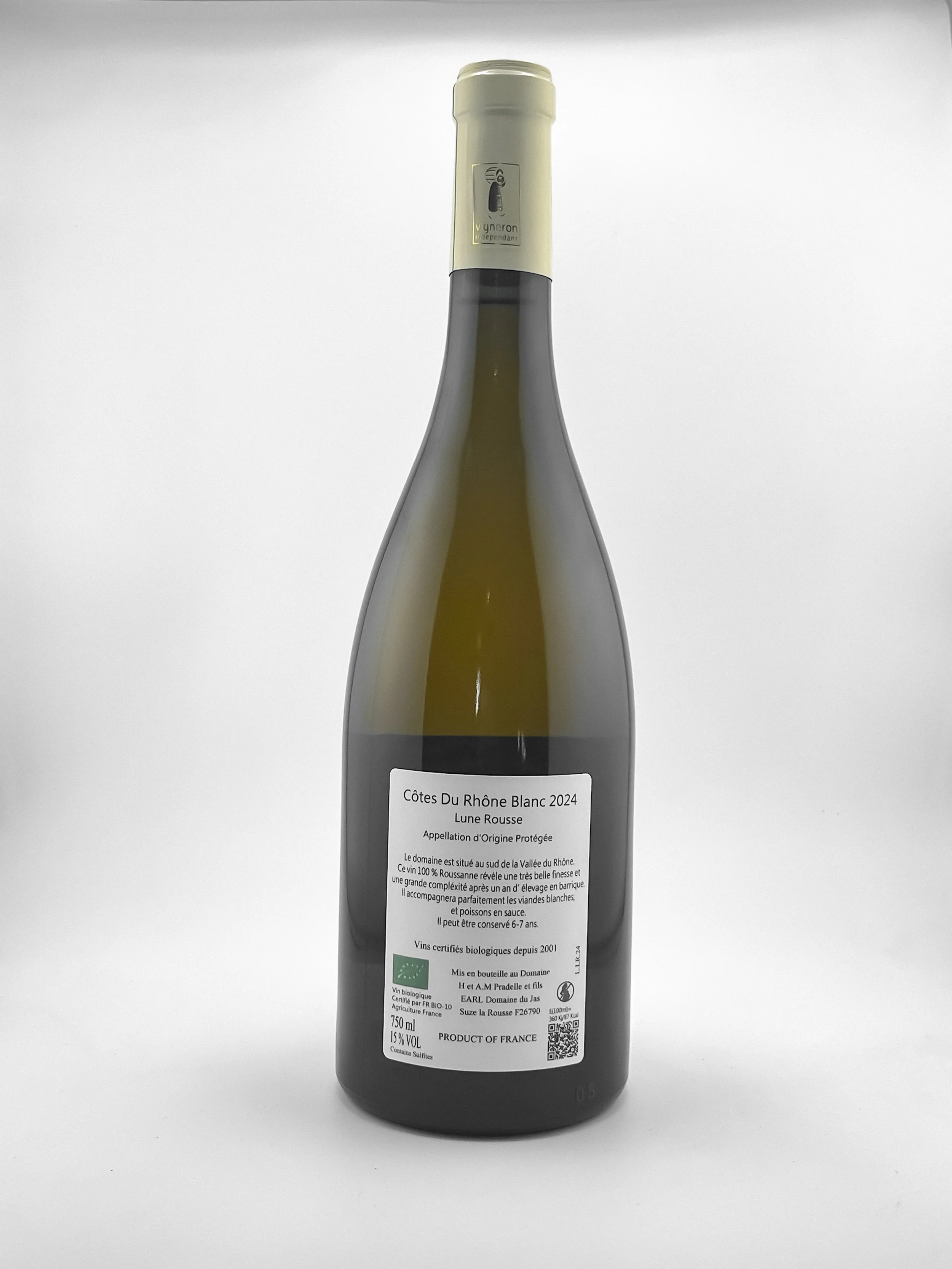 Bouteille de vin blanc de la région Côtes du Rhône, millésime 2024, avec étiquette décrivant le vin et ses caractéristiques.