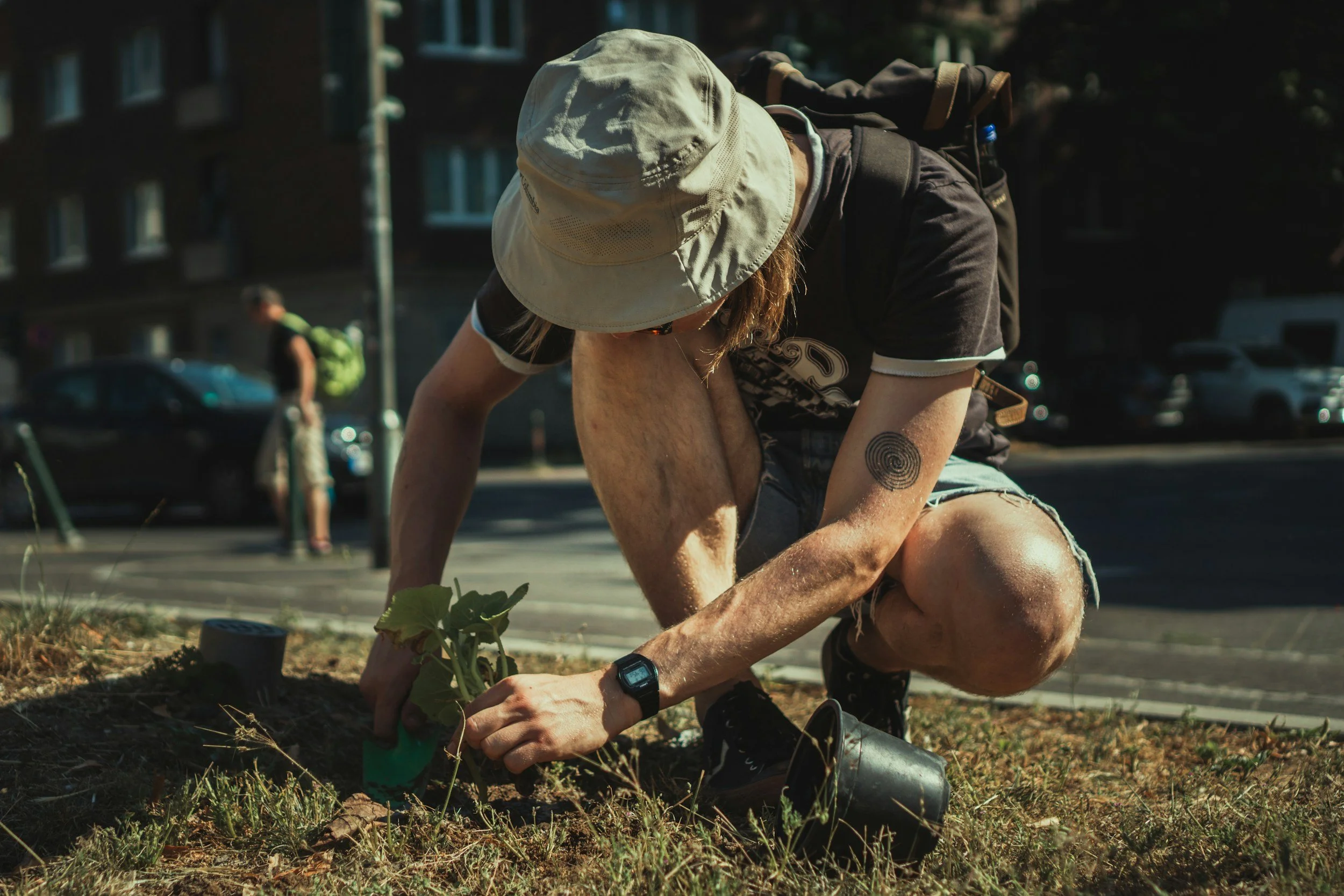 Person planting a small plant in the soil on a city sidewalk, wearing a hat, shorts, and a backpack.