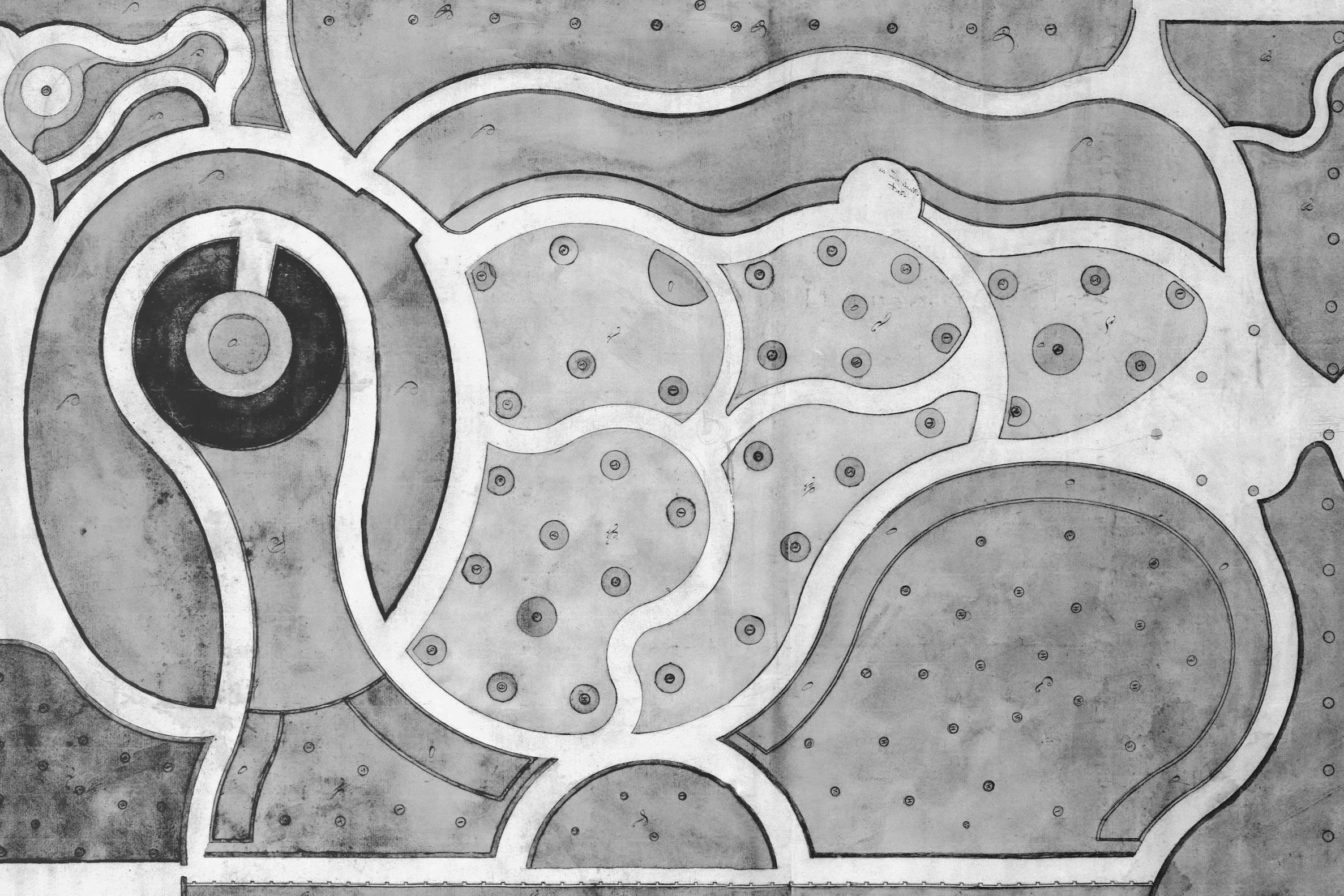 A black and white drawing of an abstract landscape with winding pathways, circular shapes, and various textured areas.