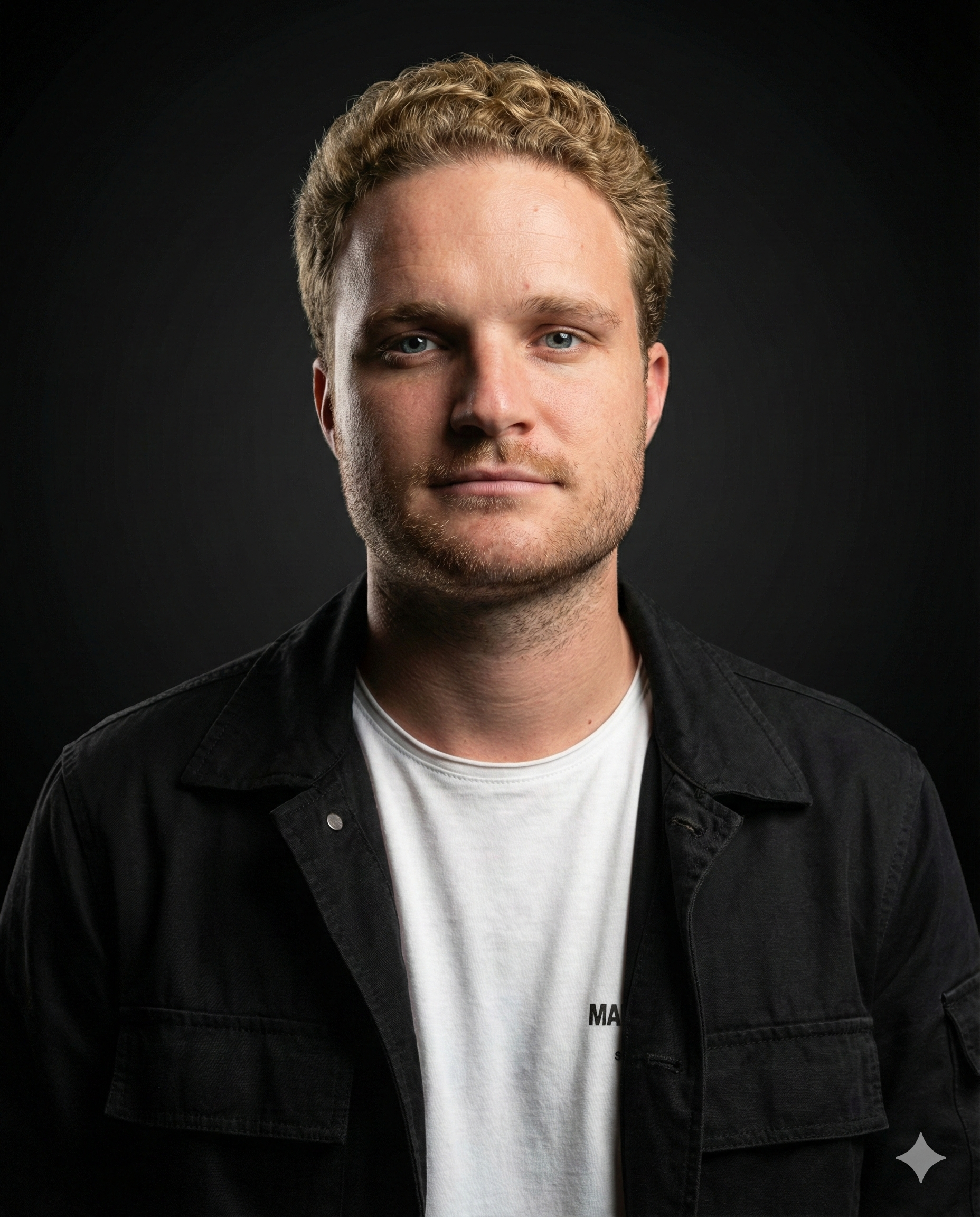 Retrato de um jovem homem com cabelo cacheado, barba leve, camisa branca e jaqueta preta, contra fundo escuro.