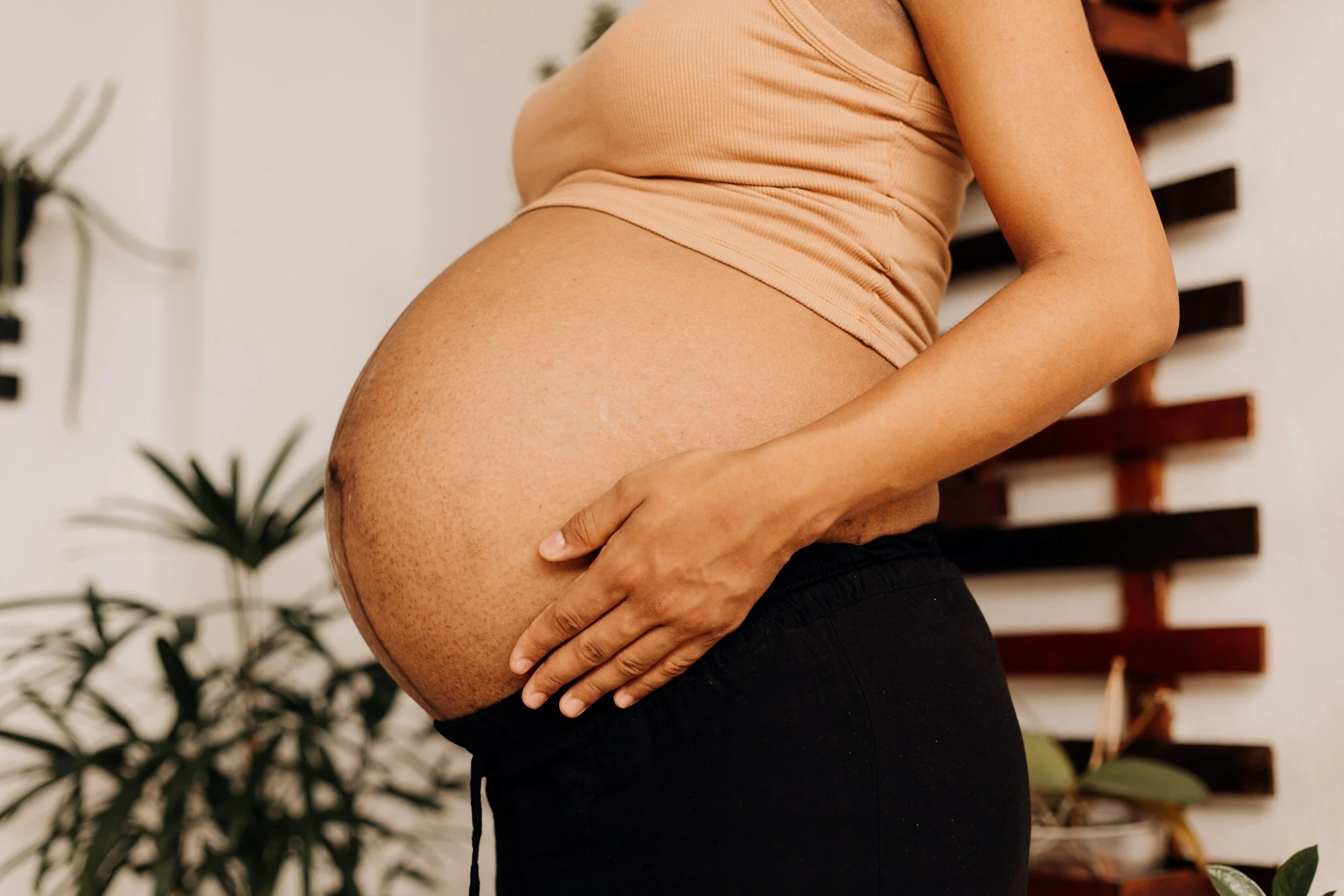 Side view of a pregnant woman holding her belly with one hand, indoors with houseplants and wooden wall decor in the background.