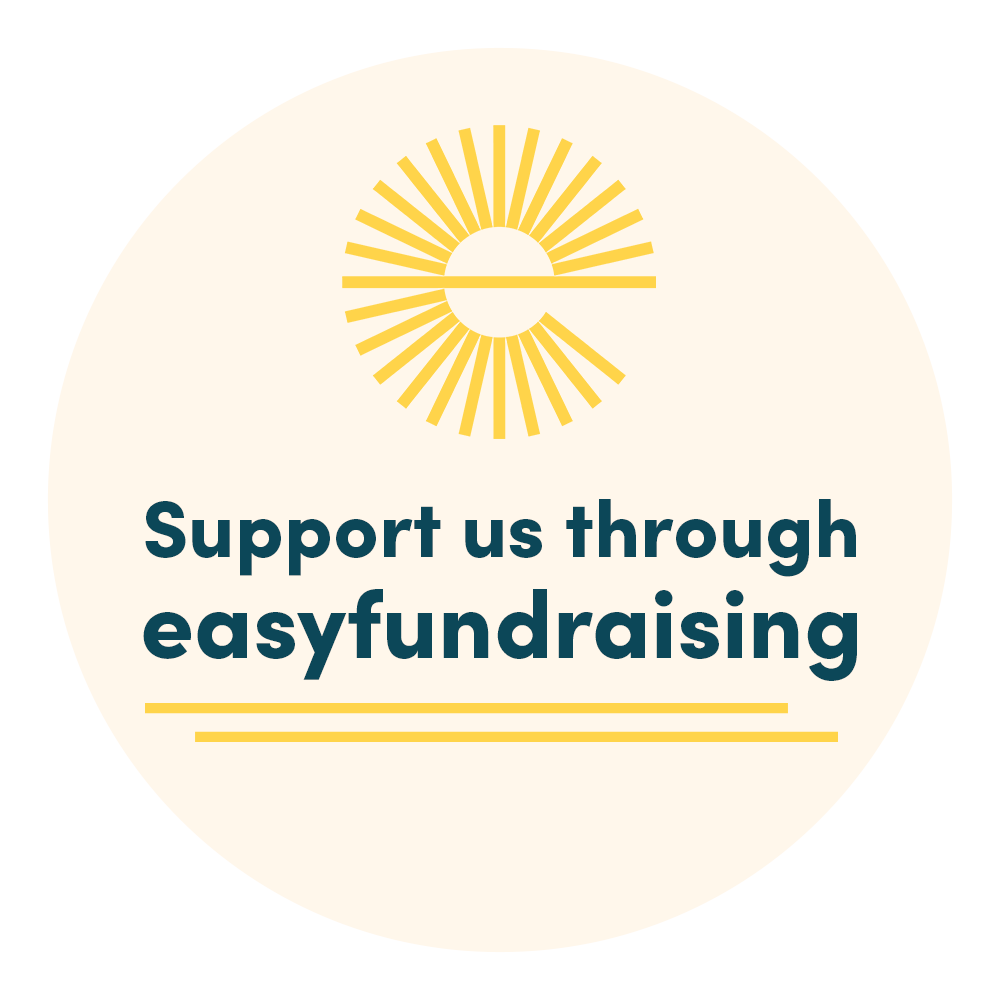 A circular graphic with a gold sunrise logo and the text "Support us through easyfundraising" in dark teal font, with two horizontal yellow lines below the text.