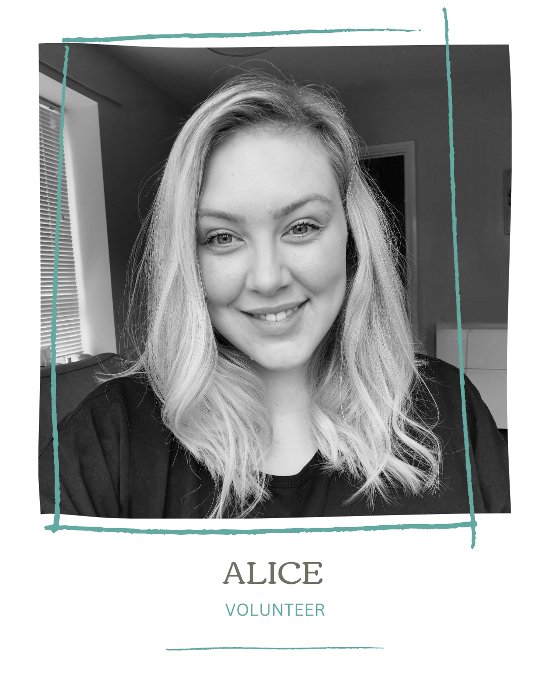 Black-and-white portrait of a smiling woman with wavy blonde hair, labeled as Alice, a volunteer.