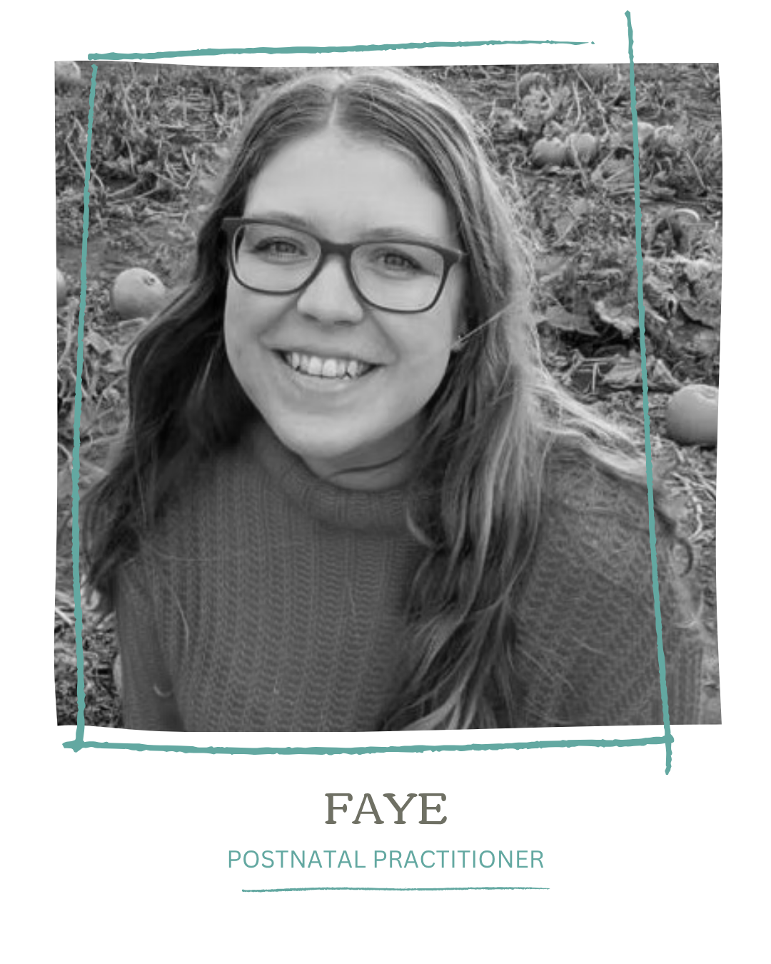 Black and white photo of a woman with long hair and glasses smiling outdoors in a garden with fallen leaves and apples.