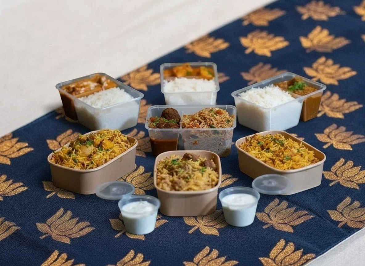 An assortment of Indian takeout dishes in plastic containers, including rice, curry, and biryani, with small cups of yogurt on a decorated table. Easy to order Home-style Indian meals Ashford
