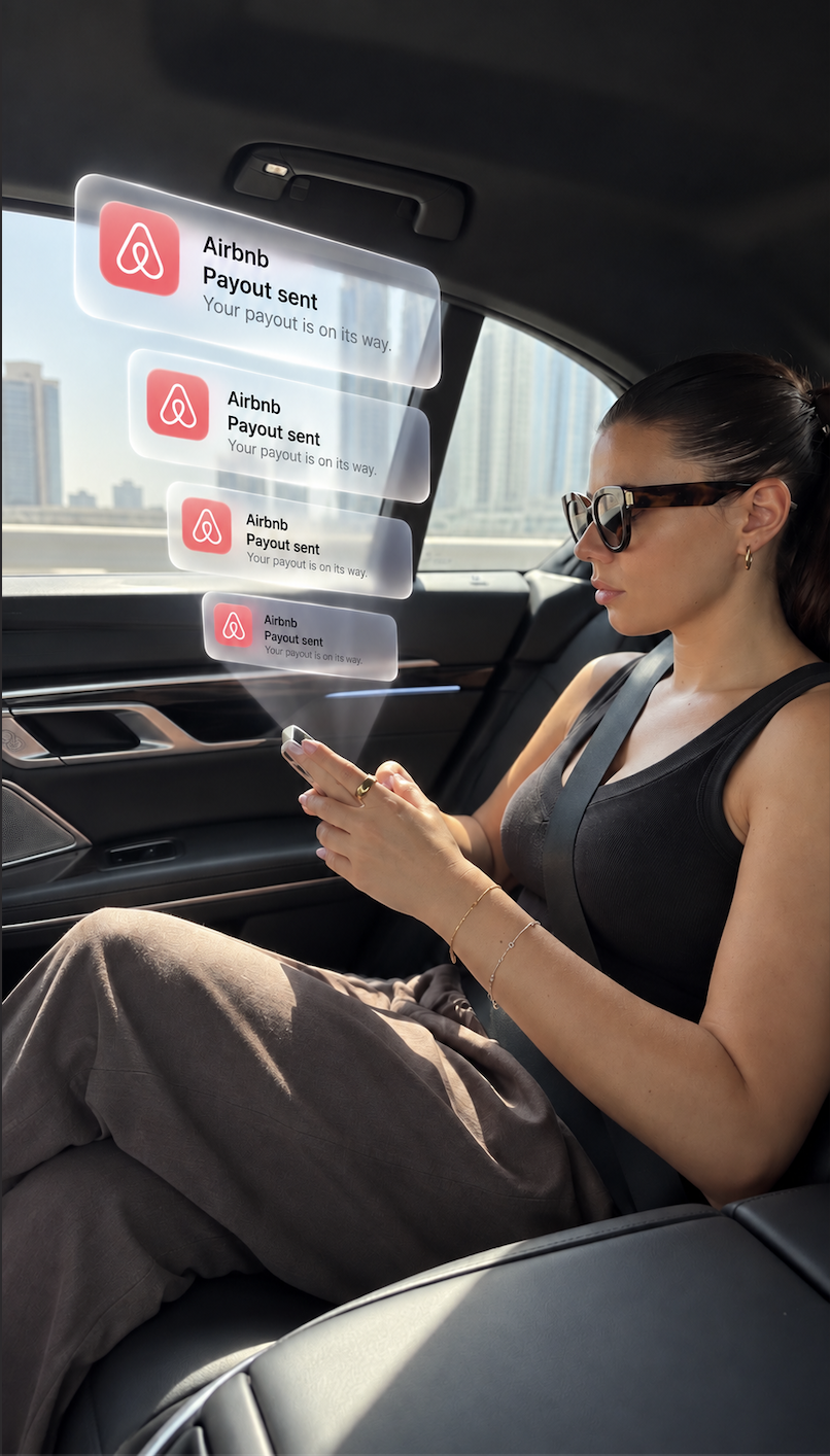 Hollie checking her phone in the back of a car in Dubai