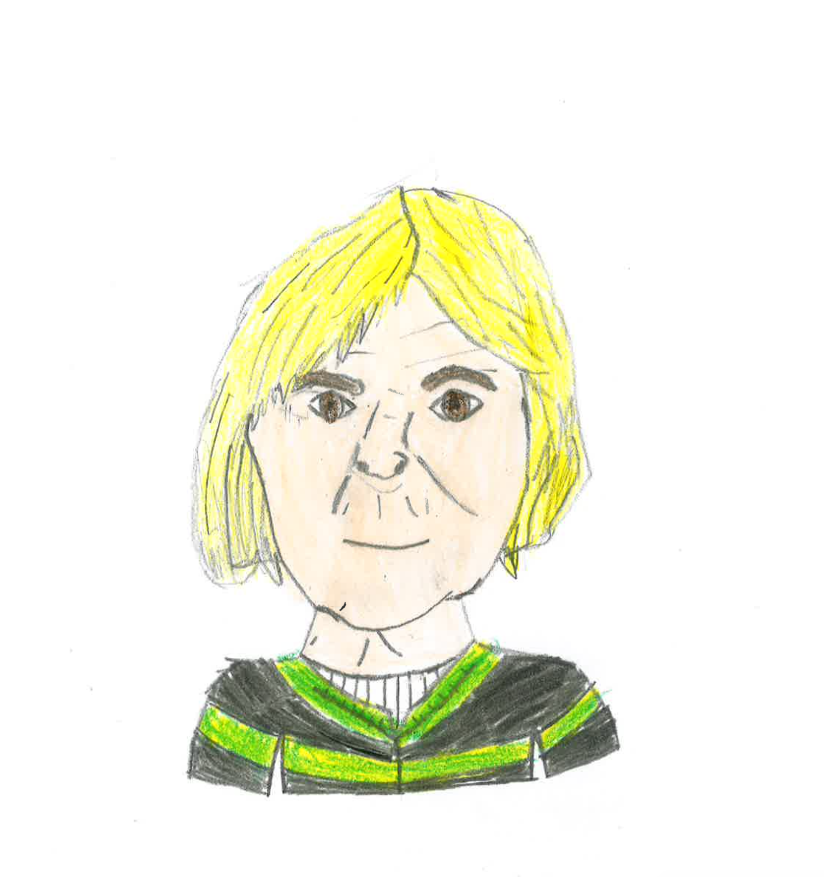 Drawing of a woman with blonde hair wearing a black fire fighter uniform with green and yellow reflective stripes.