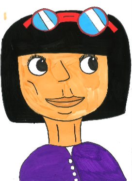 Drawing of a girl with black hair, sunglasses on top of her head, and a purple shirt.