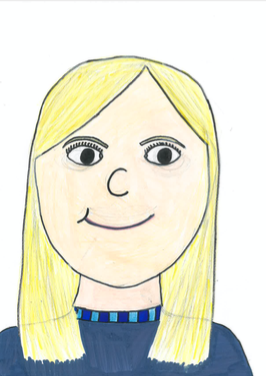 A drawing of a woman with long blonde hair, big eyes, and a smile, wearing a dark blue top with a blue collar.