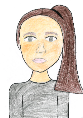 A hand-drawn portrait of a woman with long brown hair tied in a ponytail, wearing a gray top, with light skin and delicate features.