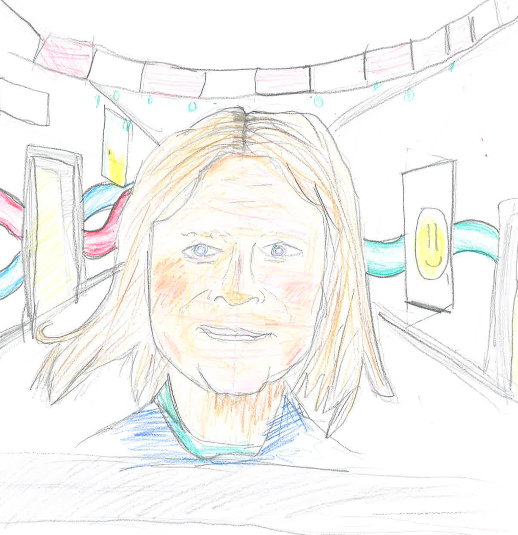 Child's colored pencil drawing of a woman with light skin and shoulder-length hair, standing in decoration with hanging lights, colorful curtains, and a smiling face on a pillow or artwork in the background.