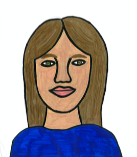 Drawing of a woman with long brown hair wearing a blue shirt.
