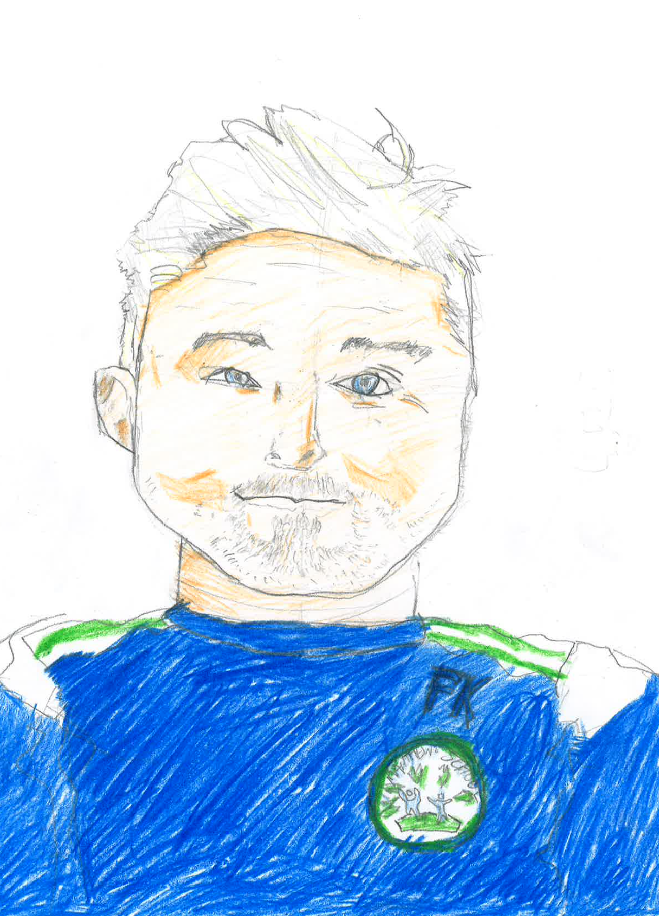 A child’s drawing of a person with light skin, spiky hair, and a beard, wearing a blue shirt with a green and white emblem on the chest, on a white background.