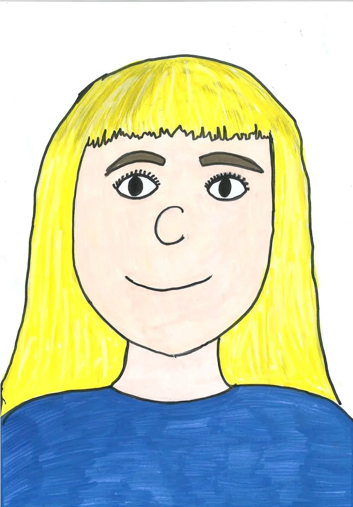 Hand-drawn portrait of a person with long yellow hair, gray eyes, and a blue shirt.