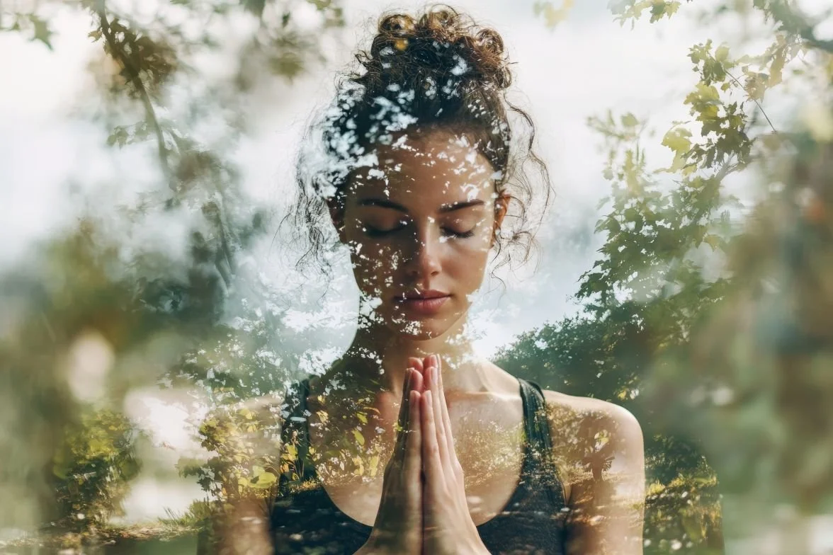 Woman holding her hands together in a peaceful meditative moment symbolizing clarity, self-leadership, and personal transformation through depth coaching