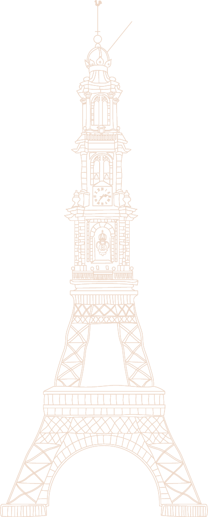 Outline drawing of the Eiffel Tower with a clock and decorative elements.