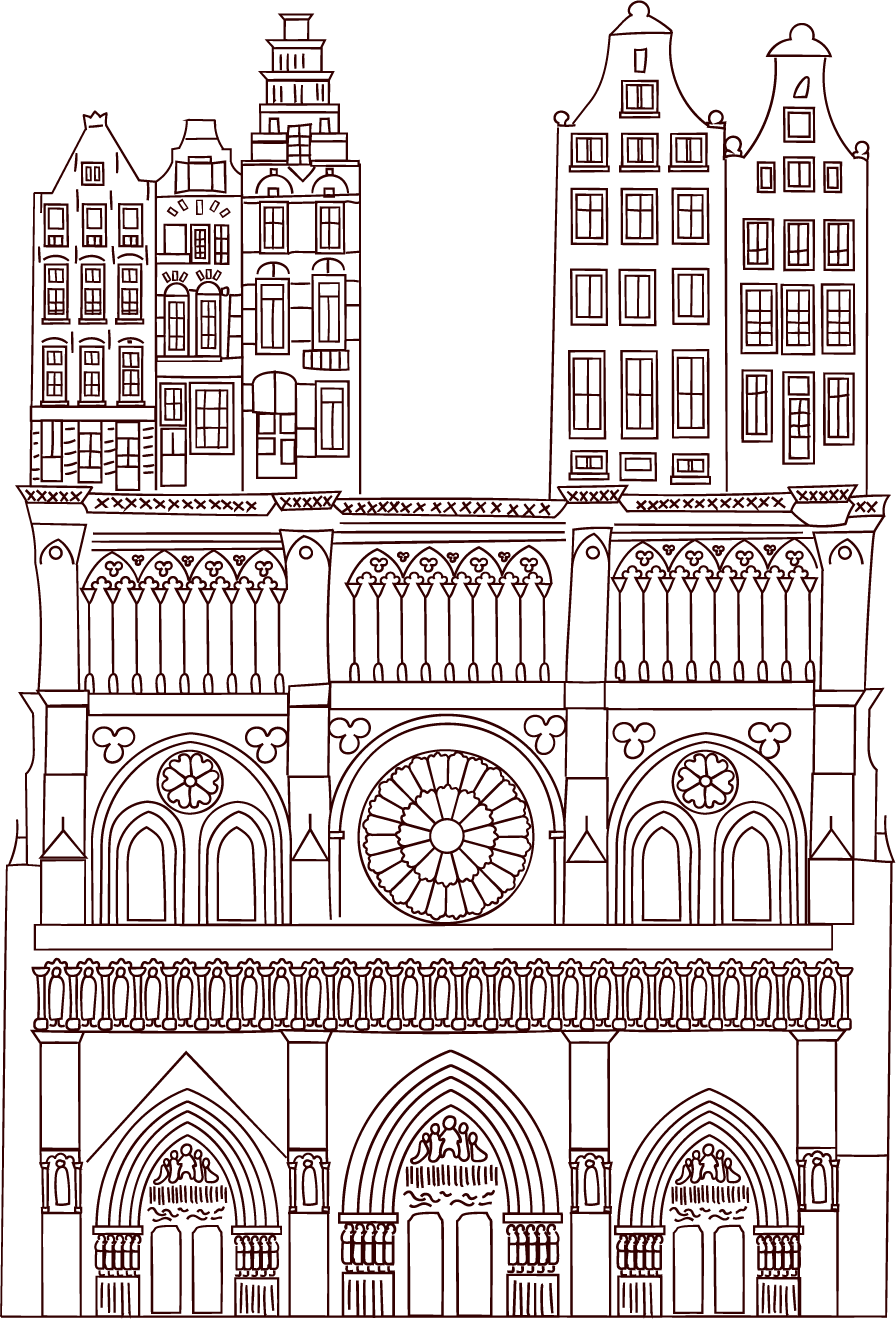 Line drawing of a Gothic-style building with towers, arches, and intricate window details.