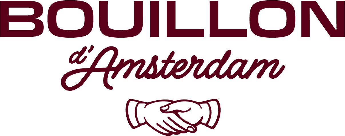 Logo with the words 'Bouillon d'Amsterdam' and an illustration of two hands shaking.