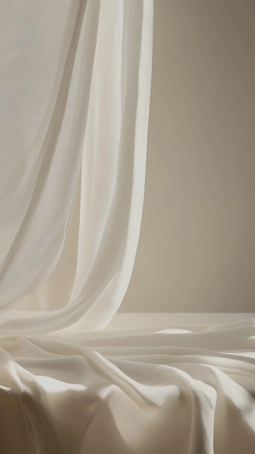 Tela blanca delicada con pliegues y arrugas, colgada y extendida sobre una superficie plana.