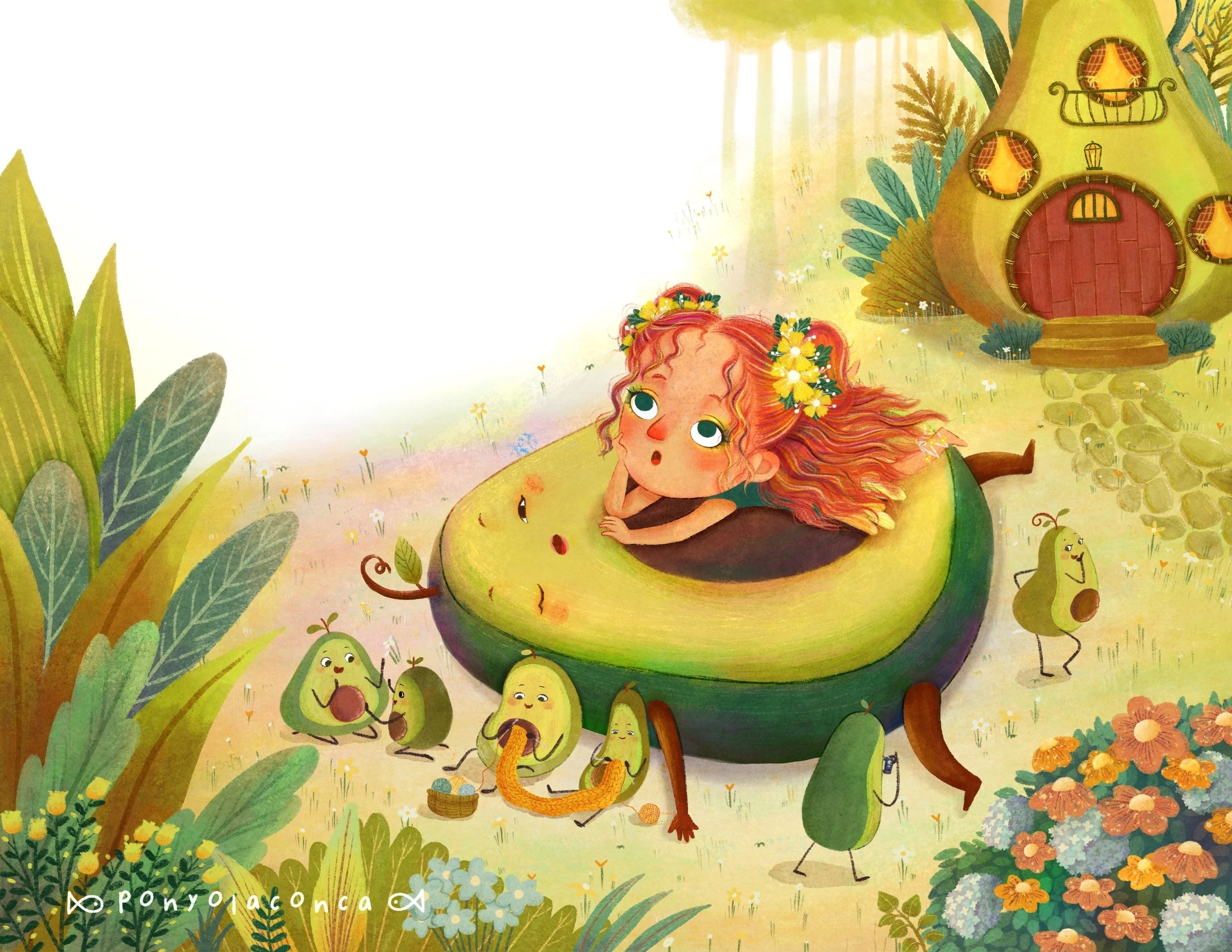 A whimsical illustration of a girl with curly hair and a flower crown lying on a large avocado-shaped bed in a colorful fantasy forest. There are small avocado characters nearby, some sitting, standing, and one eating a long orange snack. A cozy, rou
