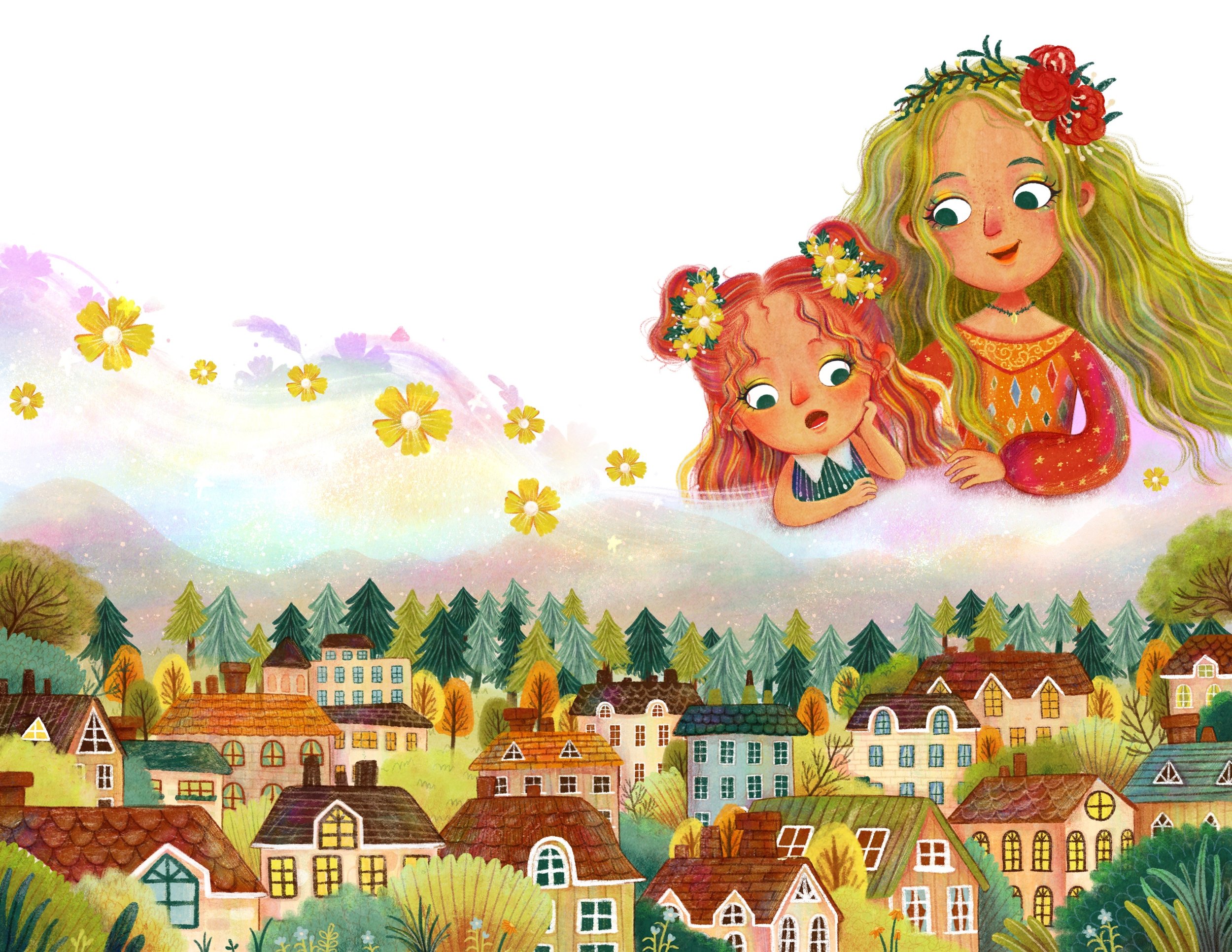 A colorful illustration of two whimsical women, one with long wavy green hair and red flowers, and the other with curly red hair and flowers in her hair, resting on a dreamy cloud above a vibrant town with houses and trees, with flowers floating in t