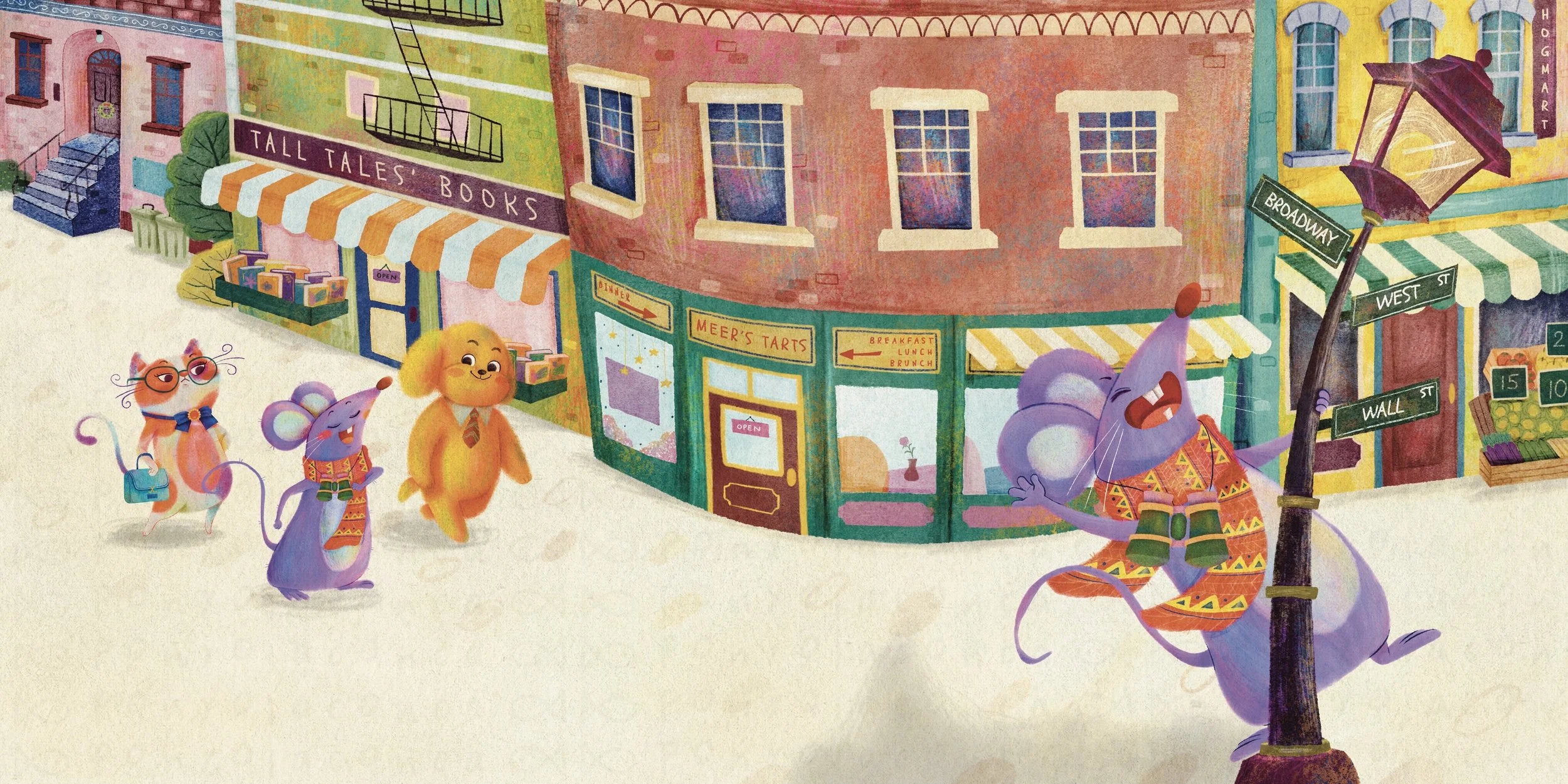 Colorful street scene with anthropomorphic cats and mice walking past stores, including a bookstore and a bakery, on a sunny day.