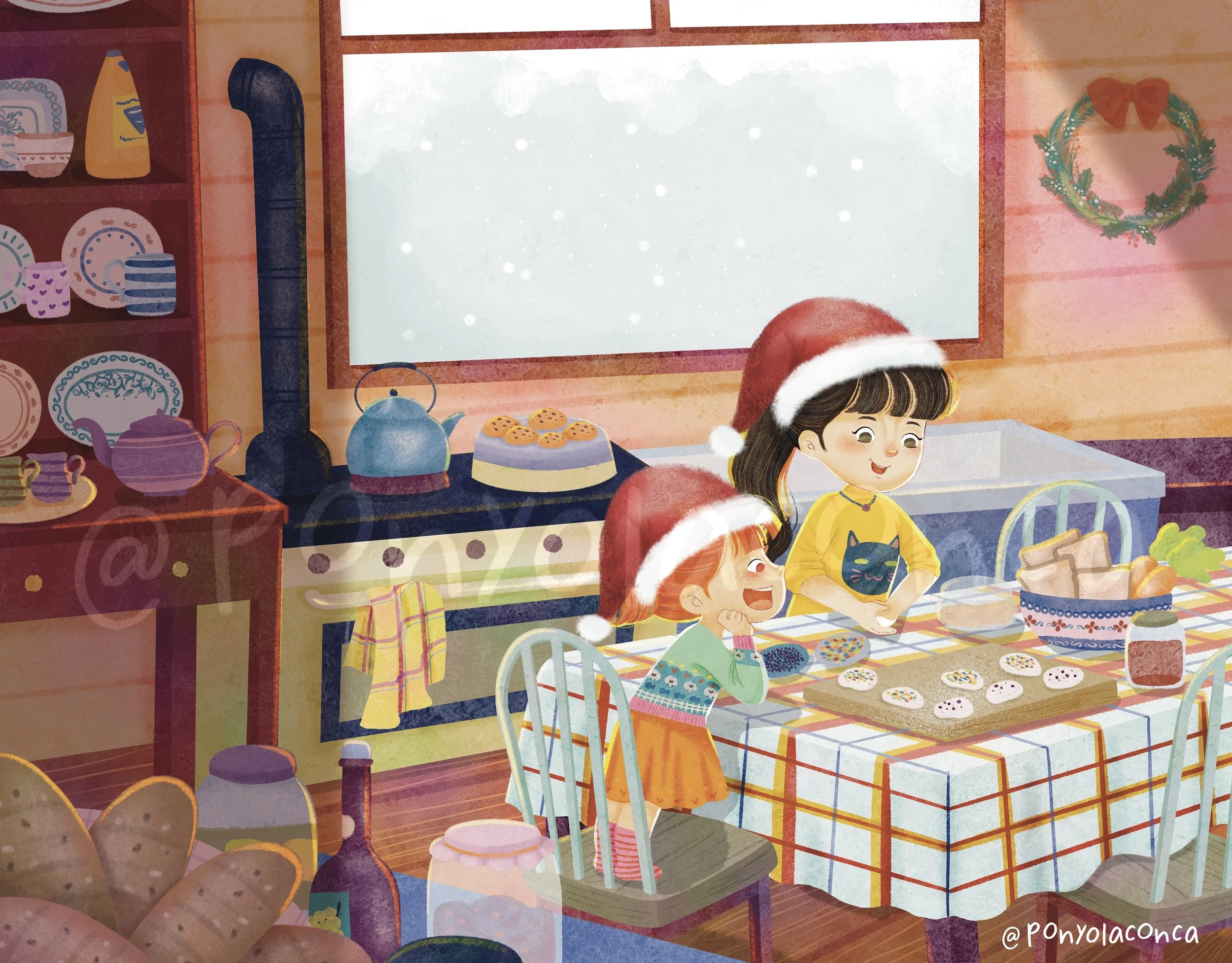 Two children wearing Santa hats baking Christmas cookies in a cozy kitchen decorated for the holidays.