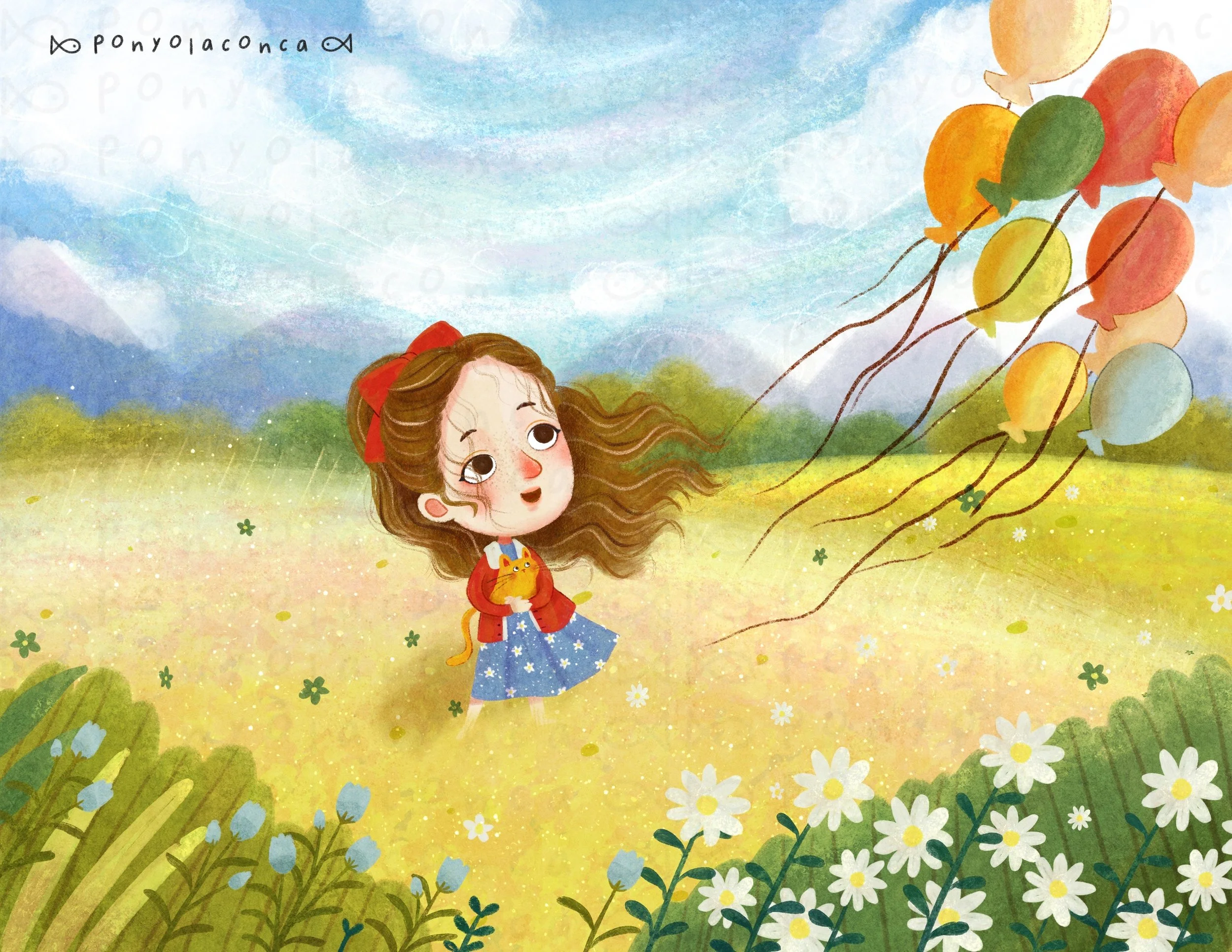 A young girl with long wavy brown hair with a red bow, wearing a red jacket and a blue dress with white stars, holds an orange cat while standing in a grassy field. She looks up at floating balloons in various colors including yellow, orange, green, 