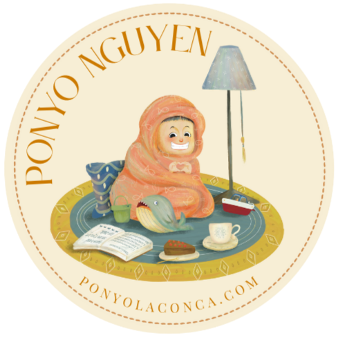 Illustration of a smiling child wrapped in a blanket sitting on a rug surrounded by a lamp, a toy boat, an open book, a cup, and a cake, with the text "Ponyo Nguyen" and "ponyolaconca.com" in a circular border.