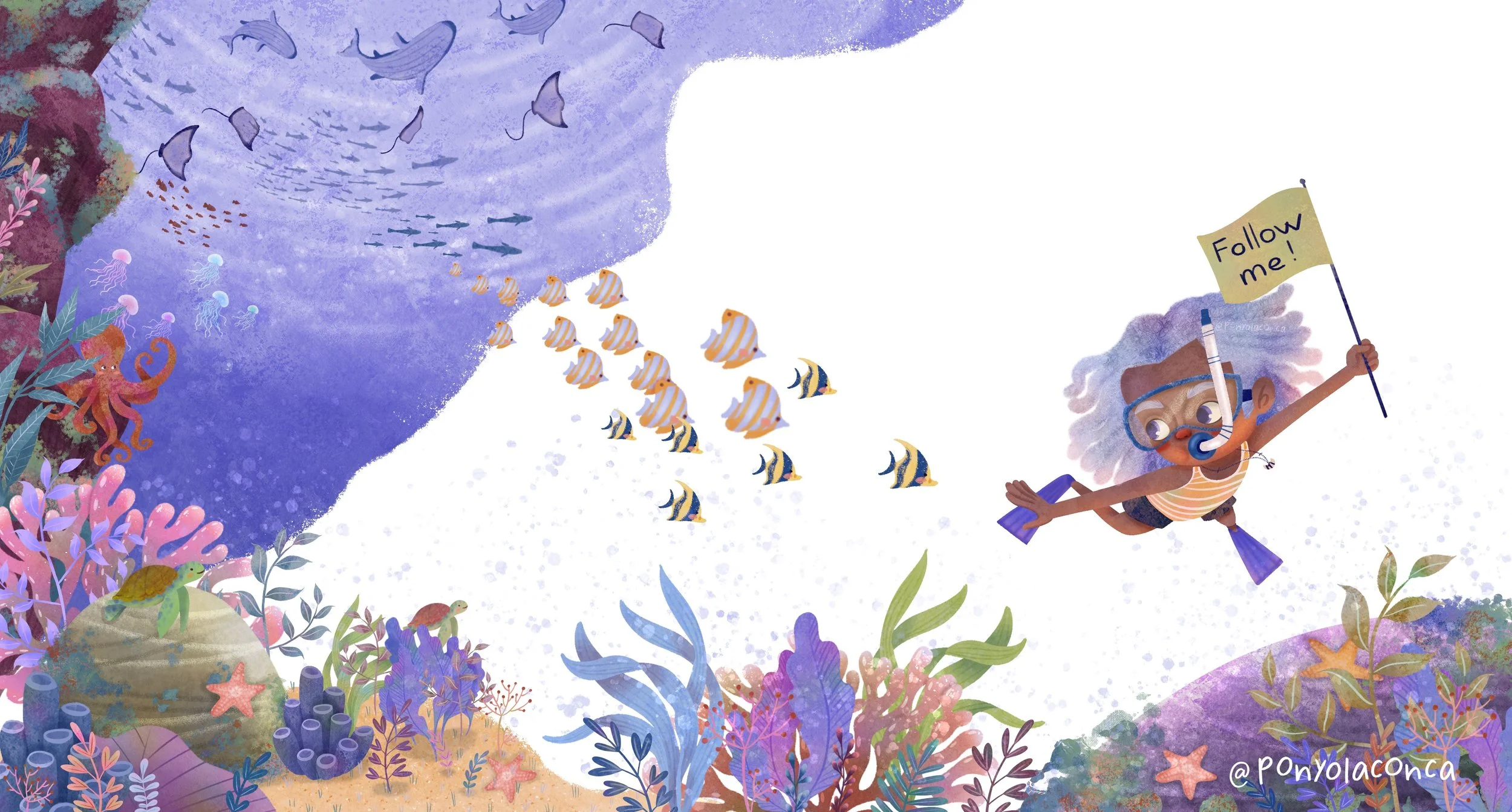 An animated underwater scene with various colorful fish, jellyfish, coral, and sea plants. A smiling child with snorkel gear and a flag that says 'Follow me!' is swimming among the marine life.