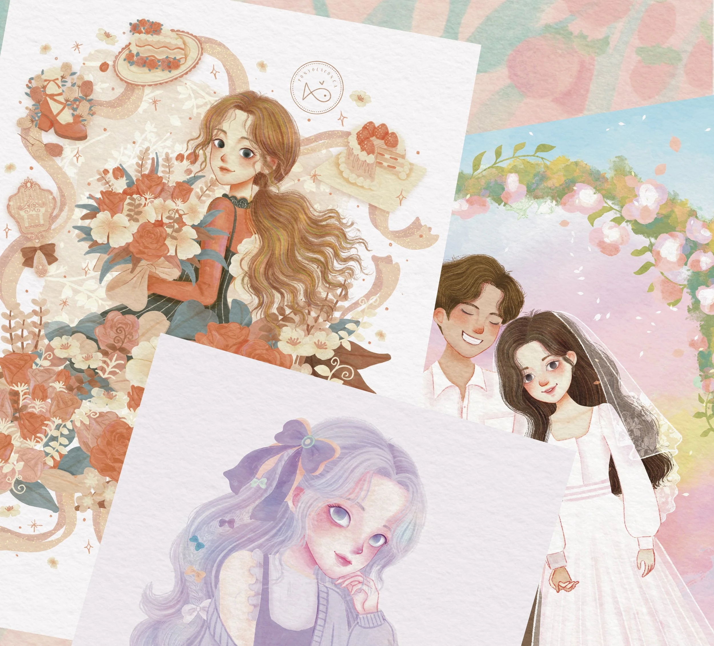 Digital illustrations of four different female characters in various styles, including one holding flowers, with backgrounds of floral and pastel themes.