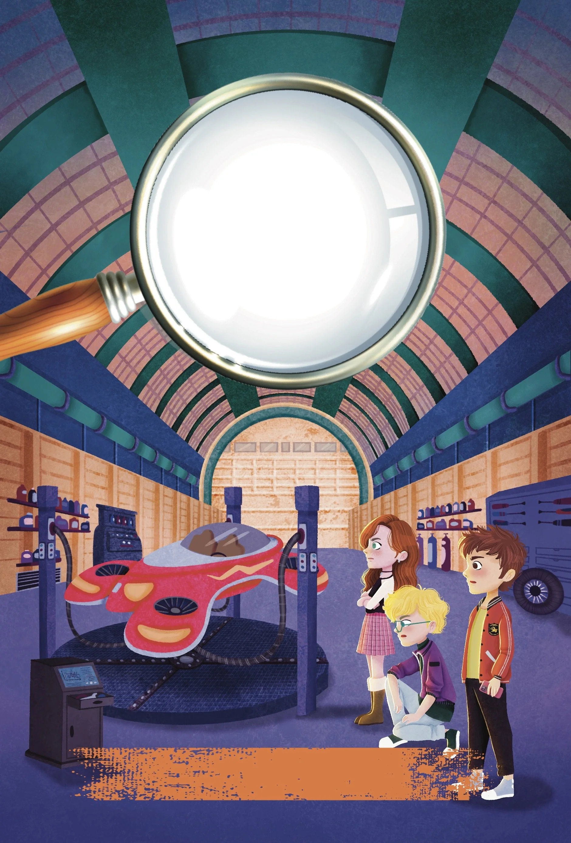 Three children in a garage looking at a futuristic red and black car on a platform, with shelves and a large magnifying glass overhead.