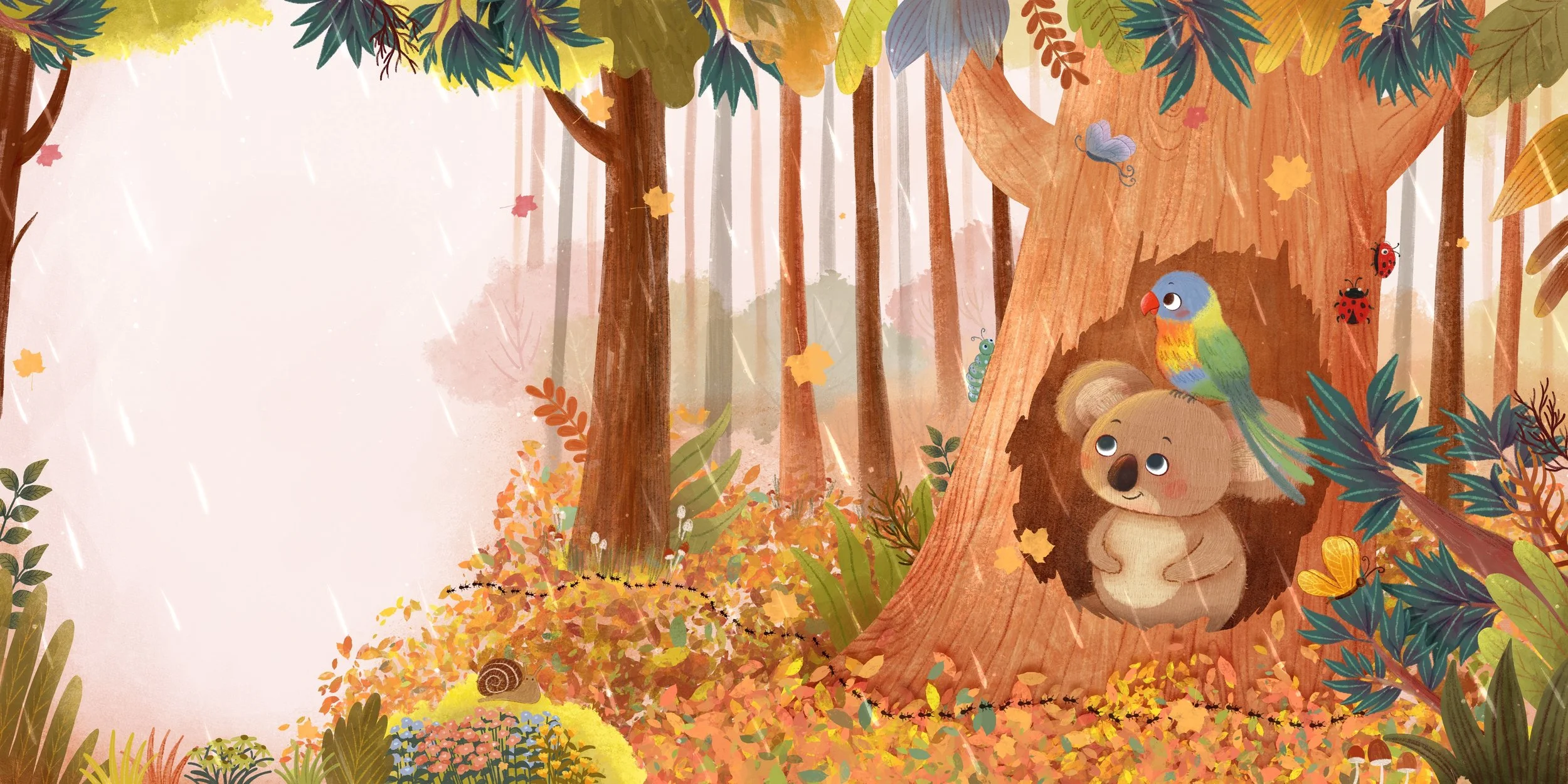 Animated forest scene with trees, falling leaves, and a koala bear inside a tree hollow, with a blue and yellow bird sitting on the koala's head, surrounded by insects and plants.