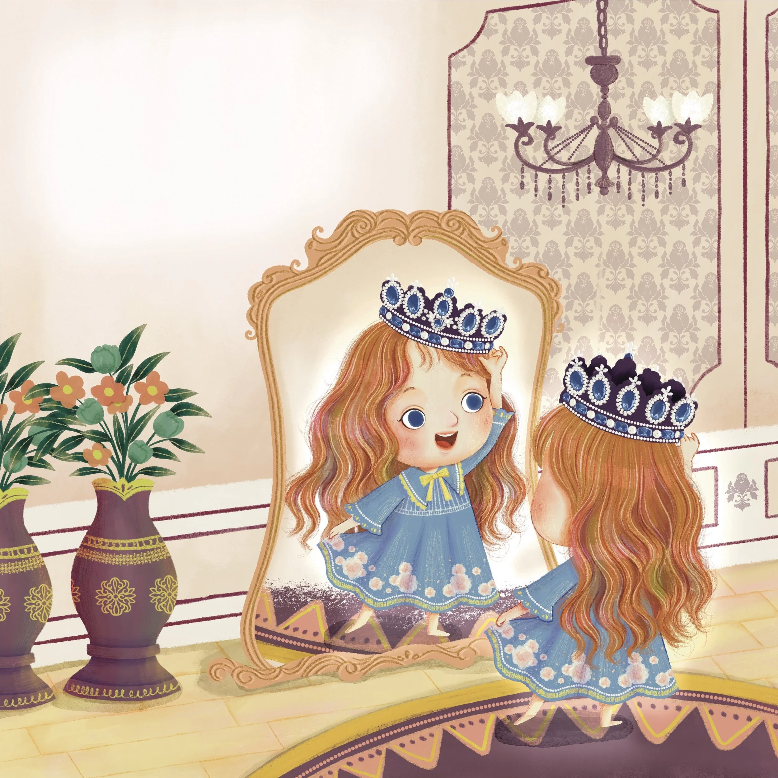 A young girl with long, wavy red hair, wearing a blue dress with floral designs and a yellow bow, is looking at her reflection in a mirror. She is placing a blue and silver crown on her head. The scene is set in a decorated room with wallpaper, a cha